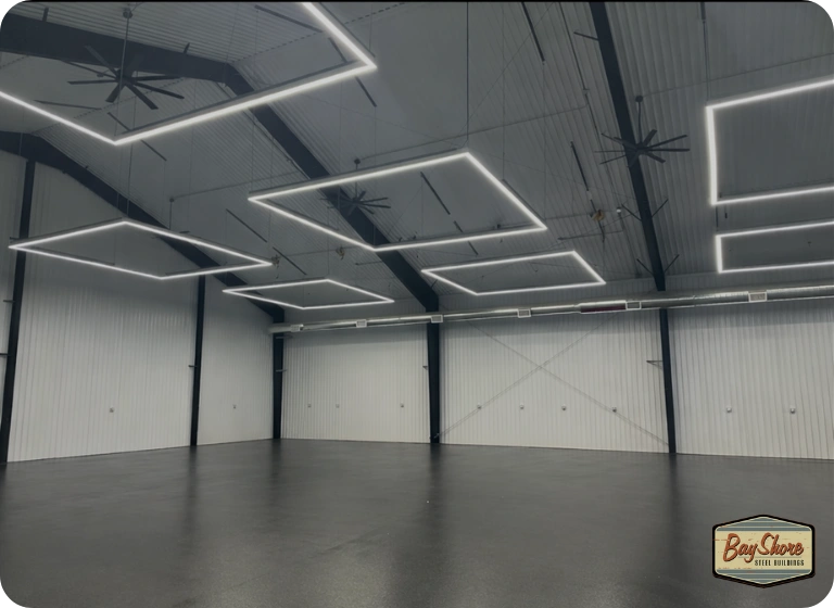 steel storage building interior with high ceiling